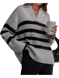 Women's 2024 Winter Striped Sweaters Lapel V Neck Long Sleeve Chunky Knit Oversized Pullover Sweater Jumper Tops