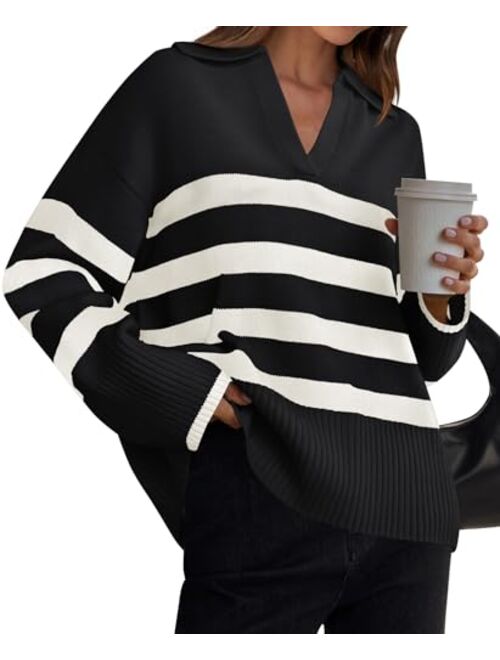 ZESICA Women's 2024 Winter Striped Sweaters Lapel V Neck Long Sleeve Chunky Knit Oversized Pullover Sweater Jumper Tops