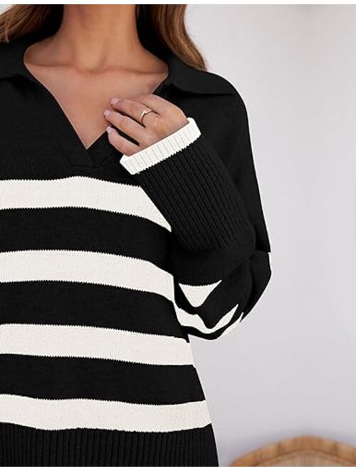 ZESICA Women's 2024 Winter Striped Sweaters Lapel V Neck Long Sleeve Chunky Knit Oversized Pullover Sweater Jumper Tops