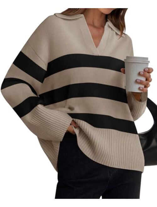 ZESICA Women's 2024 Winter Striped Sweaters Lapel V Neck Long Sleeve Chunky Knit Oversized Pullover Sweater Jumper Tops