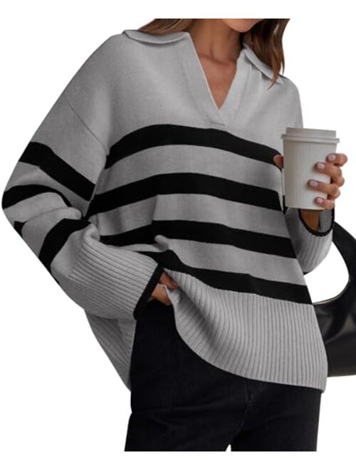 ZESICA Women's 2024 Winter Striped Sweaters Lapel V Neck Long Sleeve Chunky Knit Oversized Pullover Sweater Jumper Tops