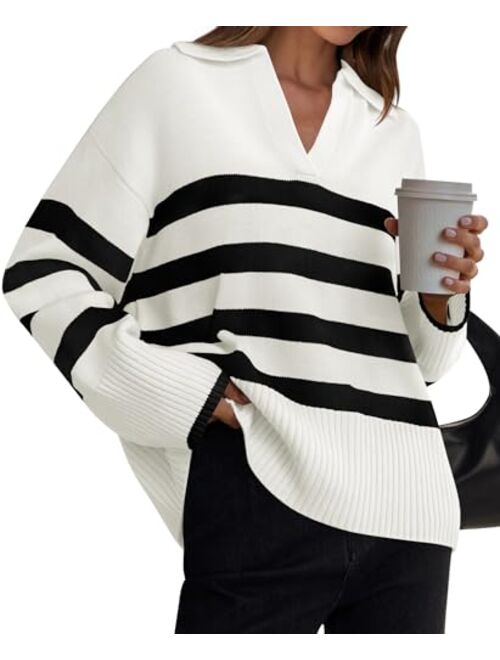 ZESICA Women's 2024 Winter Striped Sweaters Lapel V Neck Long Sleeve Chunky Knit Oversized Pullover Sweater Jumper Tops