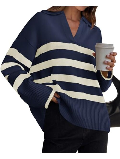 ZESICA Women's 2024 Winter Striped Sweaters Lapel V Neck Long Sleeve Chunky Knit Oversized Pullover Sweater Jumper Tops