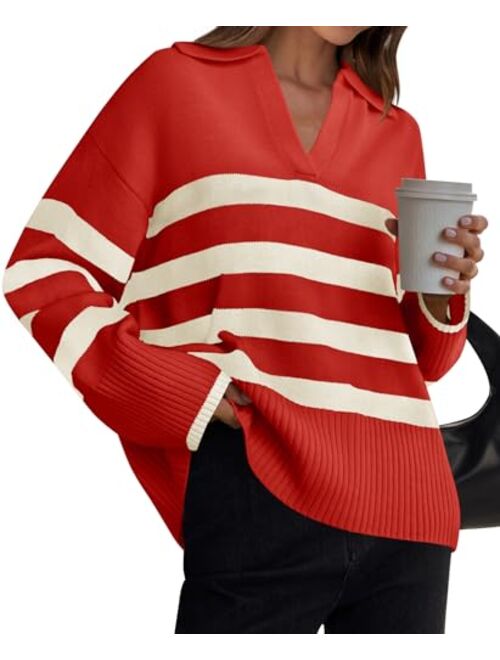 ZESICA Women's 2024 Winter Striped Sweaters Lapel V Neck Long Sleeve Chunky Knit Oversized Pullover Sweater Jumper Tops