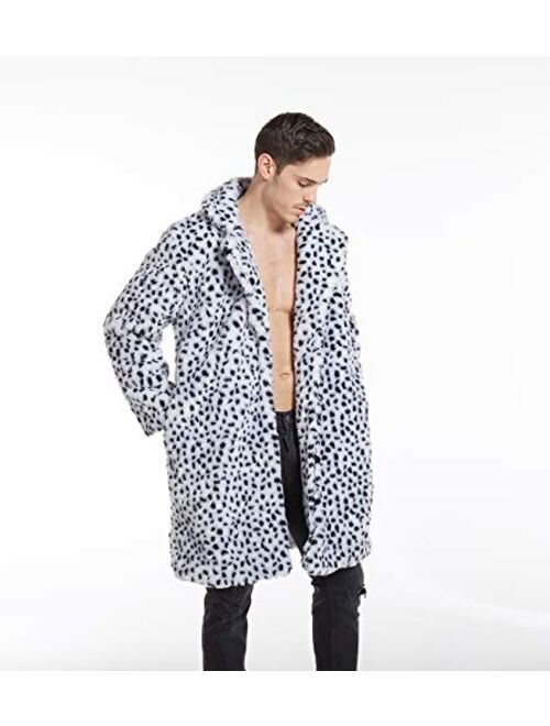 UMREN Mens Warm Leopard Faux Fur Coats Jacket Long Luxury Overwear Parka Cardigans