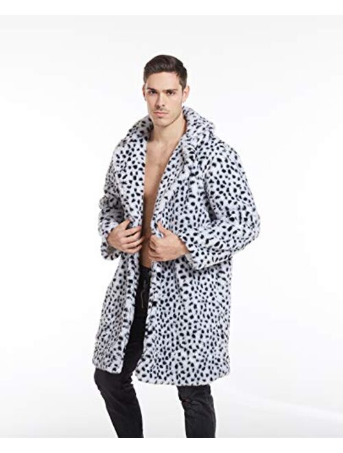 UMREN Mens Warm Leopard Faux Fur Coats Jacket Long Luxury Overwear Parka Cardigans