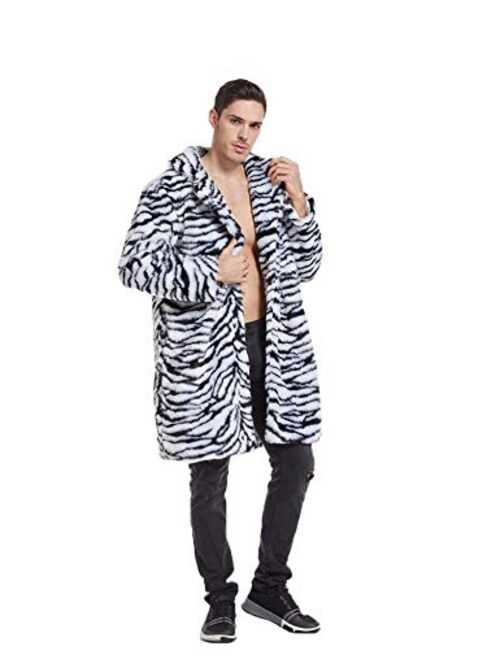 UMREN Mens Warm Leopard Faux Fur Coats Jacket Long Luxury Overwear Parka Cardigans