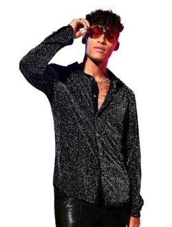 Men's Button Front Long Sleeve Glitter Lapel Collar Streetwear Shirt