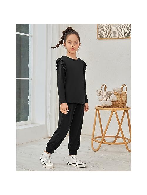 QPANCY Girls 2 Piece Outfits Stylish Tracksuit Ruffle Pullover Sweatshirt Kids Sweatsuit Sweatpants Clothing Sets