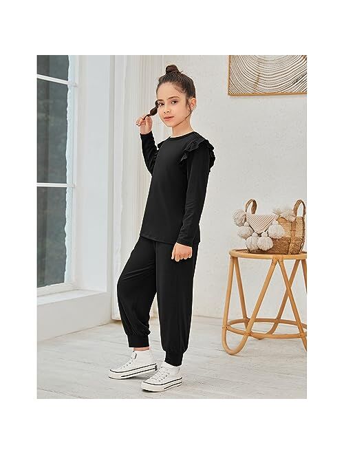 QPANCY Girls 2 Piece Outfits Stylish Tracksuit Ruffle Pullover Sweatshirt Kids Sweatsuit Sweatpants Clothing Sets