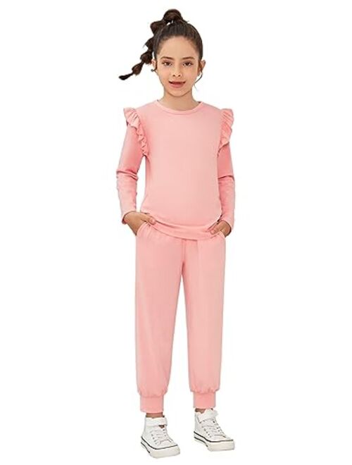 QPANCY Girls 2 Piece Outfits Stylish Tracksuit Ruffle Pullover Sweatshirt Kids Sweatsuit Sweatpants Clothing Sets