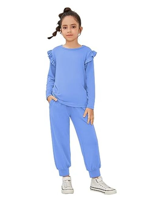 QPANCY Girls 2 Piece Outfits Stylish Tracksuit Ruffle Pullover Sweatshirt Kids Sweatsuit Sweatpants Clothing Sets