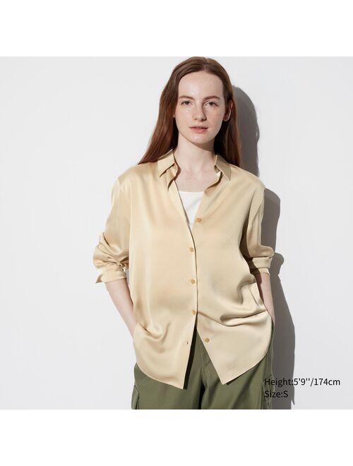 UNIQLO Women's Satin Button-Up Long-Sleeve Blouse