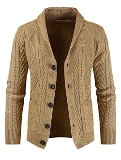 JMIERR Men's Casual Long Sleeve Shawl Collar Buttons Down Cable Knit Cardigan Sweater with Pockets