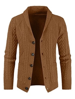 JMIERR Men's Casual Long Sleeve Shawl Collar Buttons Down Cable Knit Cardigan Sweater with Pockets