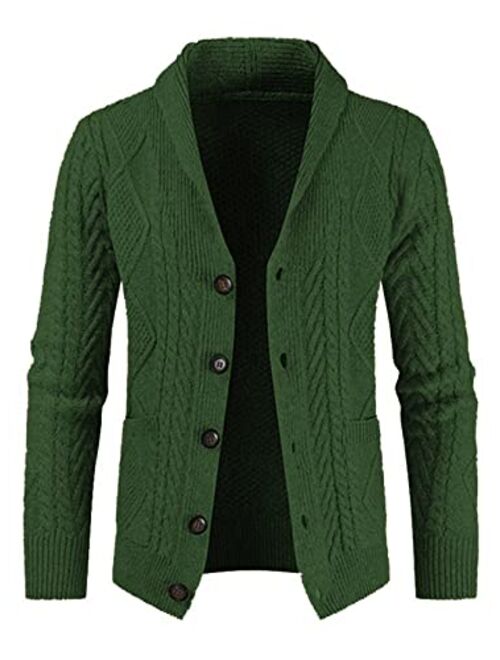 JMIERR Men's Casual Long Sleeve Shawl Collar Buttons Down Cable Knit Cardigan Sweater with Pockets