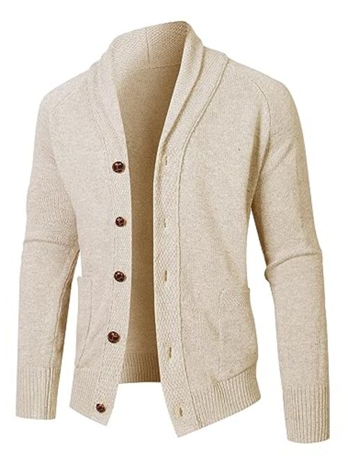 JMIERR Men's Casual Long Sleeve Shawl Collar Buttons Down Cable Knit Cardigan Sweater with Pockets