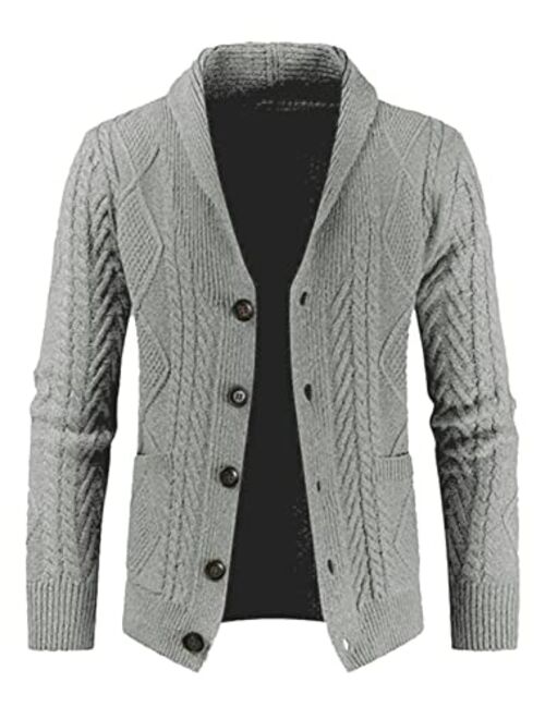 JMIERR Men's Casual Long Sleeve Shawl Collar Buttons Down Cable Knit Cardigan Sweater with Pockets