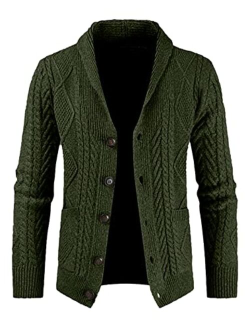 JMIERR Men's Casual Long Sleeve Shawl Collar Buttons Down Cable Knit Cardigan Sweater with Pockets