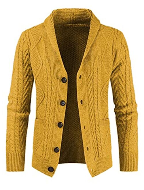 JMIERR Men's Casual Long Sleeve Shawl Collar Buttons Down Cable Knit Cardigan Sweater with Pockets