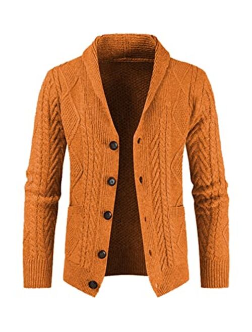 JMIERR Men's Casual Long Sleeve Shawl Collar Buttons Down Cable Knit Cardigan Sweater with Pockets