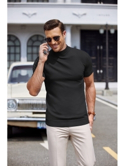 Mens Mock Turtleneck Sweater Short Sleeve Solid Color T-Shirts Basic Slim Fit Knitted Pullover Tees