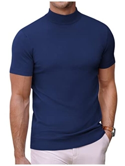 Mens Mock Turtleneck Sweater Short Sleeve Solid Color T-Shirts Basic Slim Fit Knitted Pullover Tees