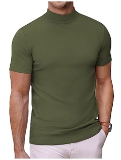 Mens Mock Turtleneck Sweater Short Sleeve Solid Color T-Shirts Basic Slim Fit Knitted Pullover Tees