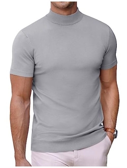 Mens Mock Turtleneck Sweater Short Sleeve Solid Color T-Shirts Basic Slim Fit Knitted Pullover Tees