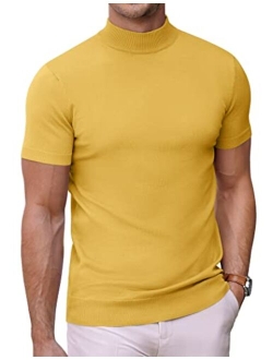 Mens Mock Turtleneck Sweater Short Sleeve Solid Color T-Shirts Basic Slim Fit Knitted Pullover Tees