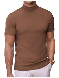 Mens Mock Turtleneck Sweater Short Sleeve Solid Color T-Shirts Basic Slim Fit Knitted Pullover Tees