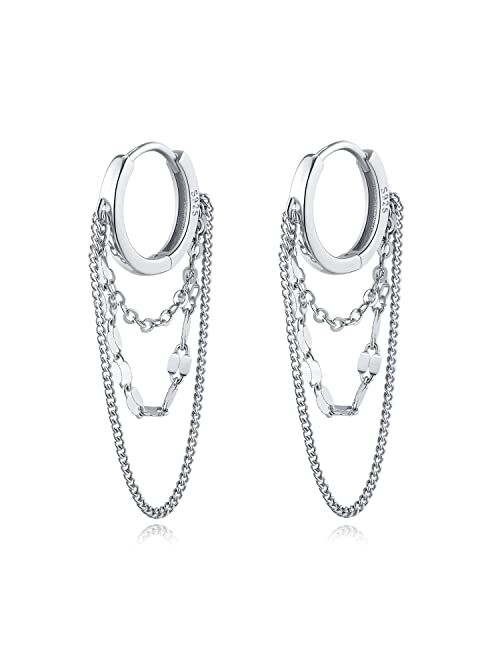 Reffeer Solid 925 Sterling Silver Chain Drop Earrings Hoop for Women Teen Girls Hoop Earrings Tassel Chain Huggie Dangle Earrings