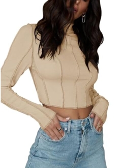 Women's Casual Mock Turtleneck Long Sleeve Exposed Seams Ribbed Knit T Shirt Going Out Crop Tops