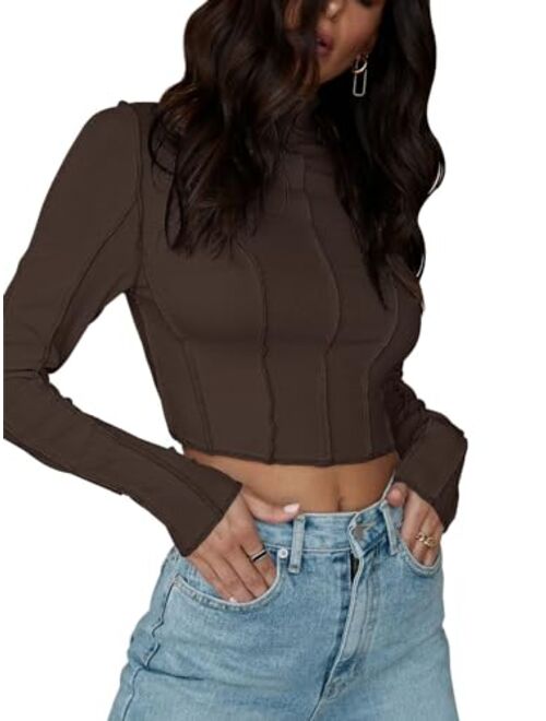 REORIA Women's Casual Mock Turtleneck Long Sleeve Exposed Seams Ribbed Knit T Shirt Going Out Crop Tops