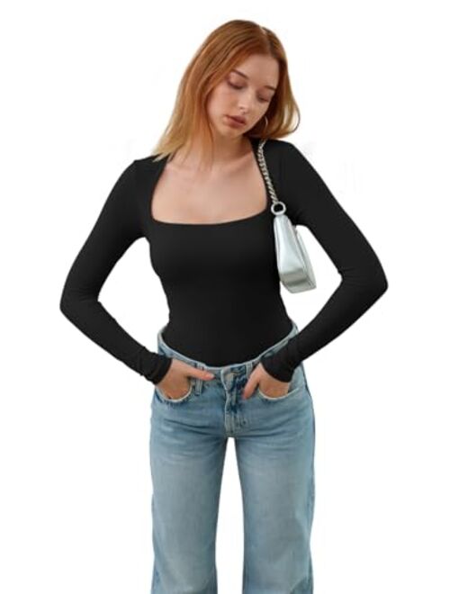 REORIA Womens Sexy Square Neck Double Lined Seamless Shirt Stretchy Long Sleeve Bodysuit Tops