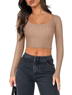 Women's Sexy Square Neck Long Sleeve Stretchy Mesh Basic Tee Tops Knit Slim Fitted Y2k Going Out Crop Top