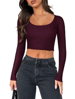 Women's Sexy Square Neck Long Sleeve Stretchy Mesh Basic Tee Tops Knit Slim Fitted Y2k Going Out Crop Top