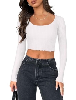 Women's Sexy Square Neck Long Sleeve Stretchy Mesh Basic Tee Tops Knit Slim Fitted Y2k Going Out Crop Top