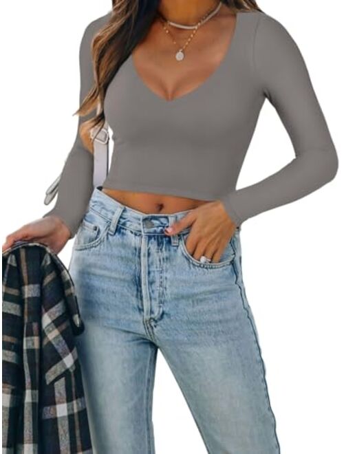 REORIA Womens Sexy Casual V Neck Long Sleeve Double Lined Fitted Going Out T Shirts Crop Tops Tees