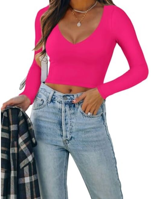 REORIA Womens Sexy Casual V Neck Long Sleeve Double Lined Fitted Going Out T Shirts Crop Tops Tees