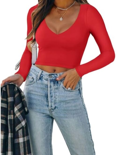 REORIA Womens Sexy Casual V Neck Long Sleeve Double Lined Fitted Going Out T Shirts Crop Tops Tees