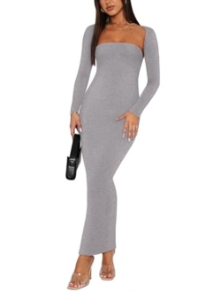 Womens Sexy 2 Piece Outfits Long Sleeve Bolero Shrug Going Out Strapless Fashion Maxi Dress Bodycon Matching Sets