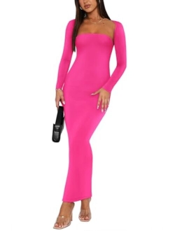 Womens Sexy 2 Piece Outfits Long Sleeve Bolero Shrug Going Out Strapless Fashion Maxi Dress Bodycon Matching Sets