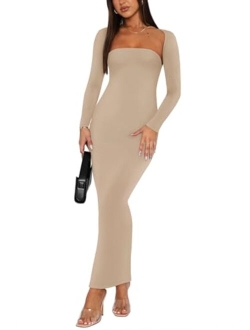 Womens Sexy 2 Piece Outfits Long Sleeve Bolero Shrug Going Out Strapless Fashion Maxi Dress Bodycon Matching Sets