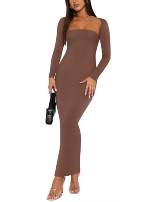 REORIA Womens Sexy 2 Piece Outfits Long Sleeve Bolero Shrug Going Out Strapless Fashion Maxi Dress Bodycon Matching Sets