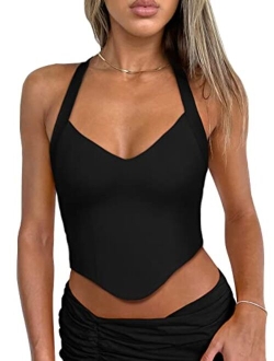 Women's Summer Sexy Halter V Neck Sleeveless Backless Y2K Going Out Crop Tank Tops