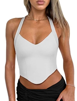 Women's Summer Sexy Halter V Neck Sleeveless Backless Y2K Going Out Crop Tank Tops