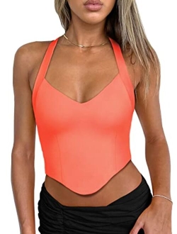 Women's Summer Sexy Halter V Neck Sleeveless Backless Y2K Going Out Crop Tank Tops