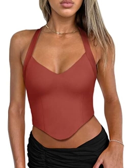 Women's Summer Sexy Halter V Neck Sleeveless Backless Y2K Going Out Crop Tank Tops