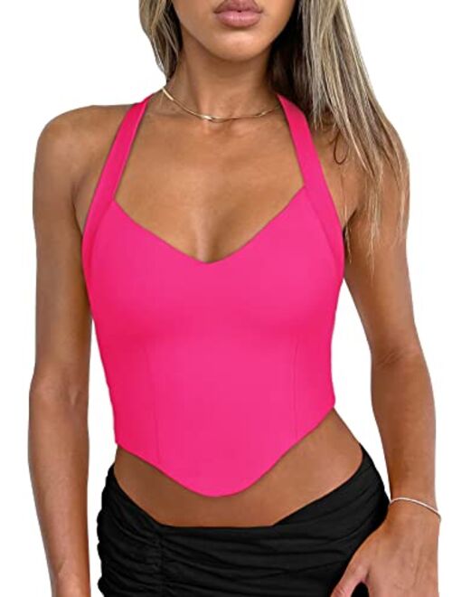 REORIA Women's Summer Sexy Halter V Neck Sleeveless Backless Y2K Going Out Crop Tank Tops